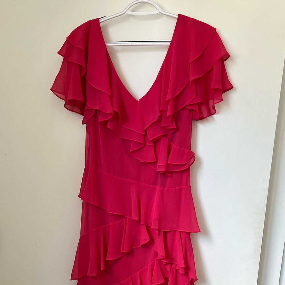 Hot pink high low ruffled tiered Badgkey Mischa cocktail dress. Size 6.